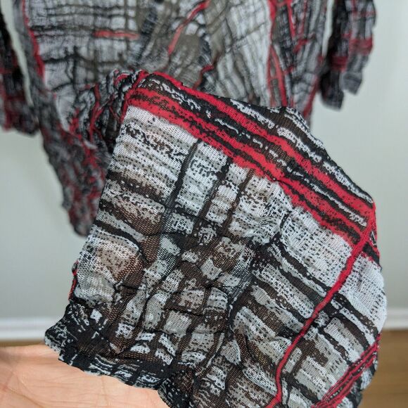 Mesh Top S Red Black Y2K Vintage Whimsigoth Comfy Loose Sheer Plaid Sleeve - Picture 2 of 9